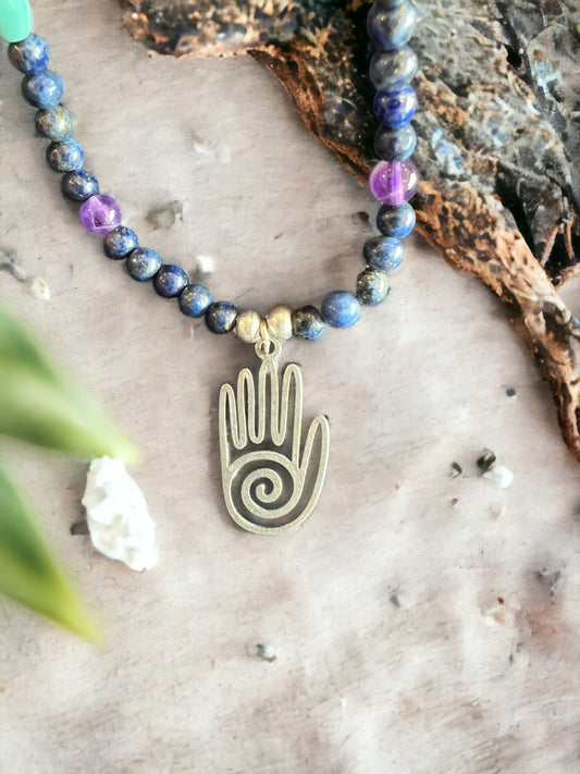 Hamsa Necklace with Blue Tigers Eye, Carnelian, Turquoise, and Rose Quartz