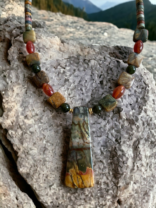 Trapazoidal Red Creek Jasper Pendant with Fire Agate and Dark Green Jade