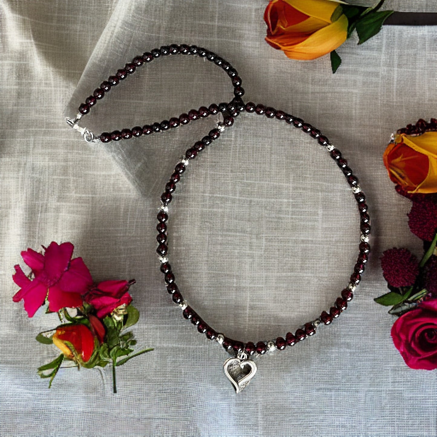 Deep Red Garnet Gemstones with Silver Heart Necklace