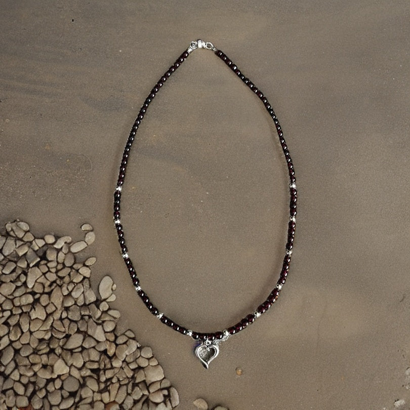 Deep Red Garnet Gemstones with Silver Heart Necklace