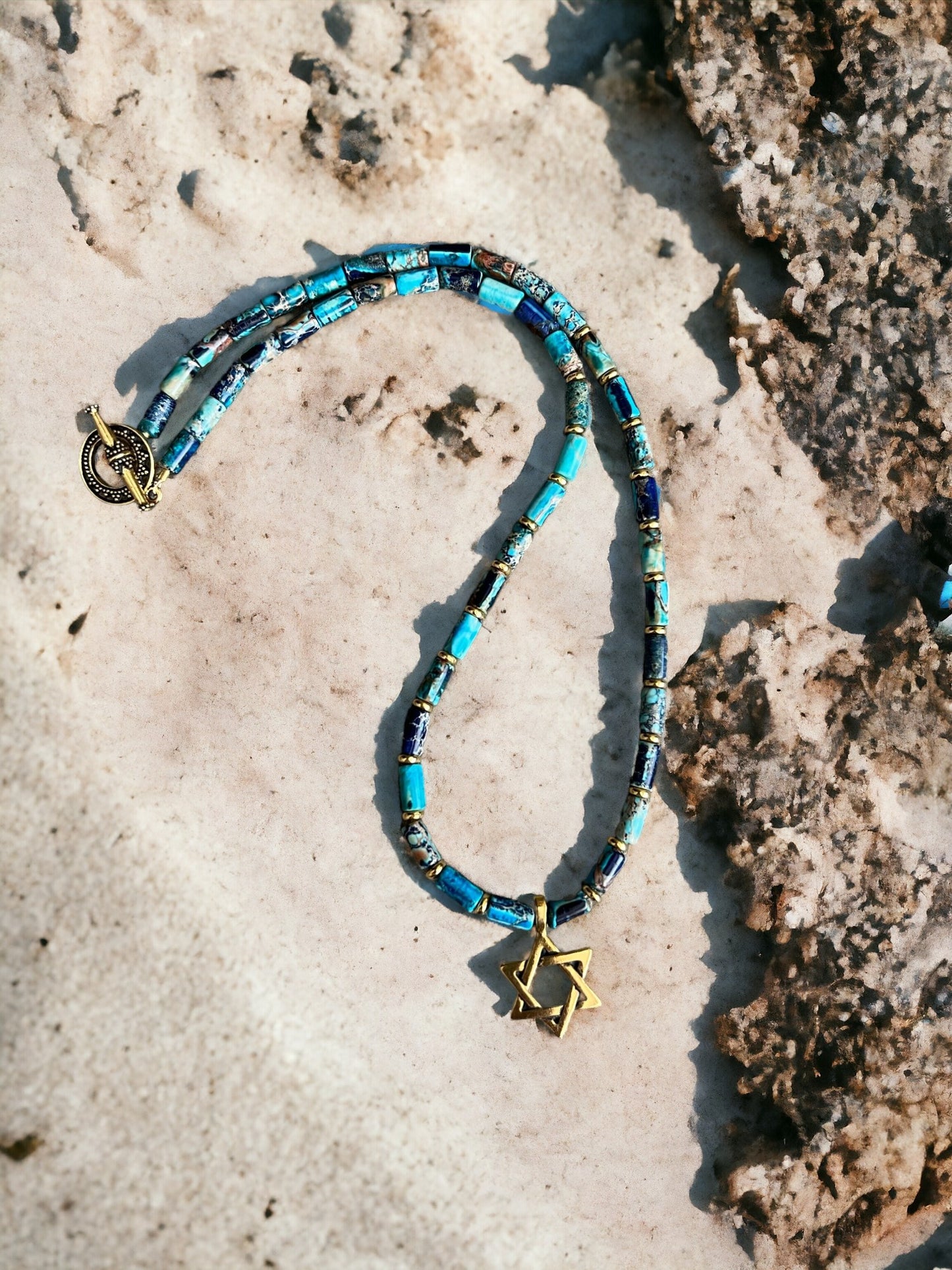 Ocean Blue Sea Jasper Star of David Necklace