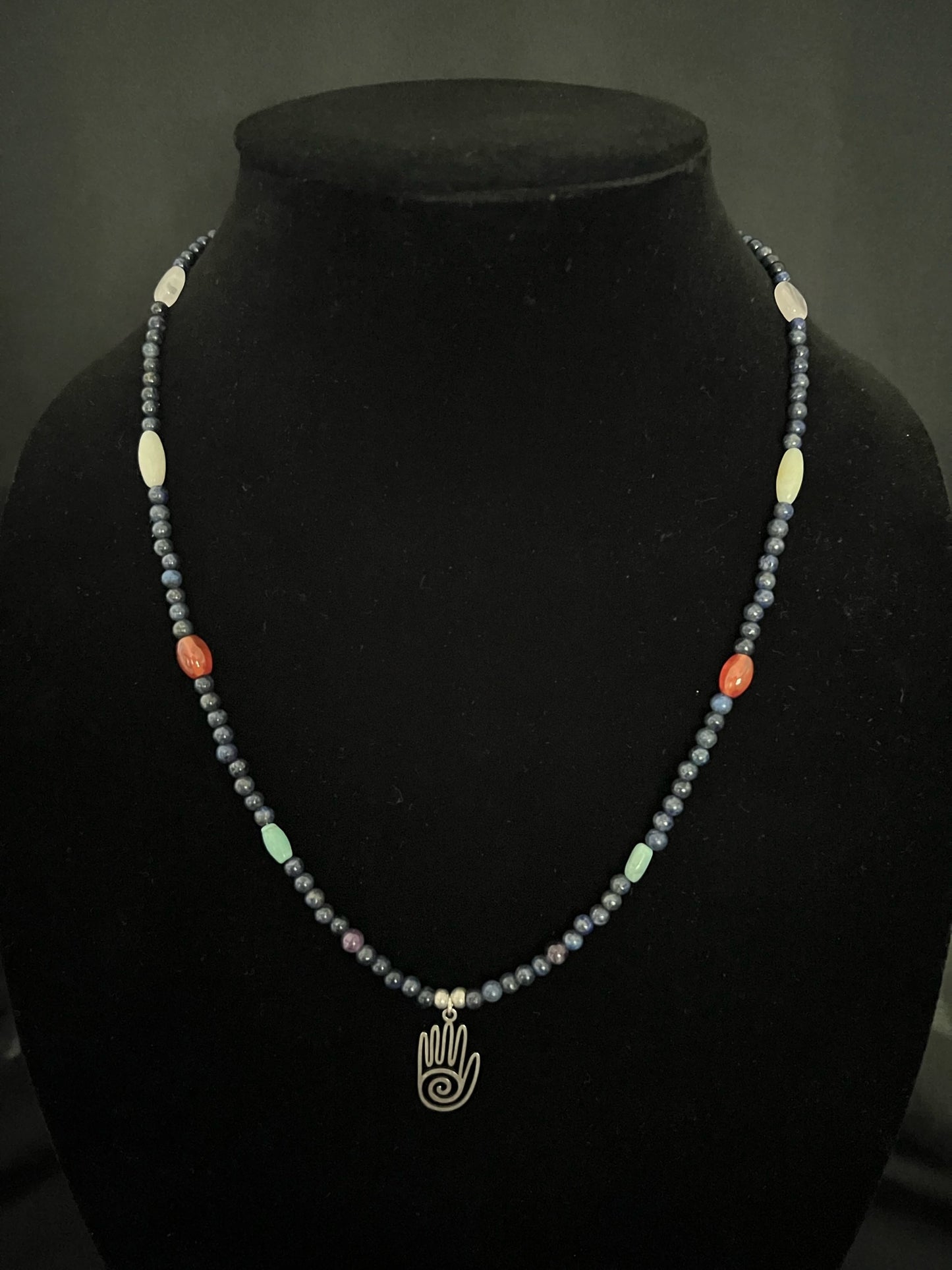 Hamsa Necklace with Blue Tigers Eye, Carnelian, Turquoise, and Rose Quartz
