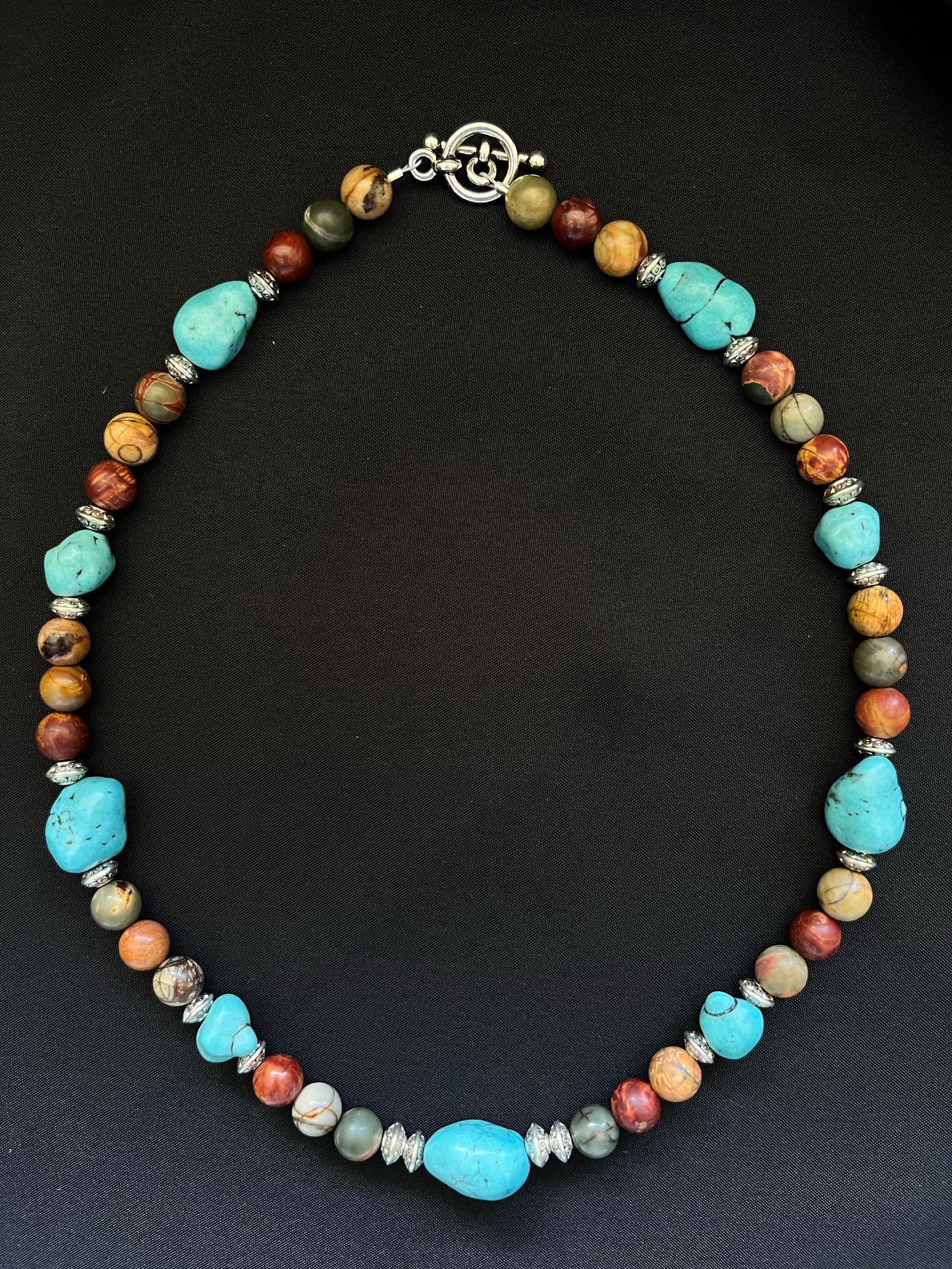 Genuine turquoise nugget and red creek jasper necklace 18 inches long with silver accents and toggle clasp