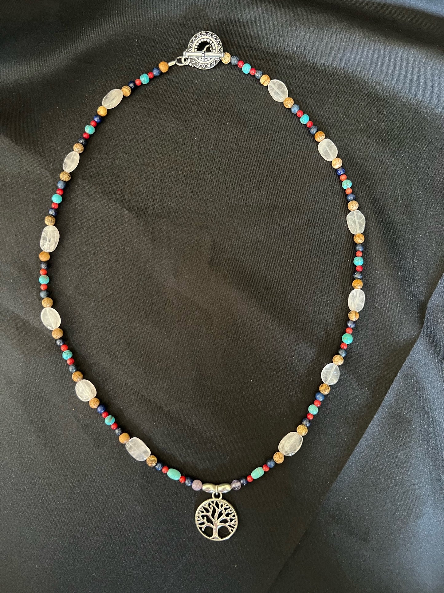 Southwestern Tree of Life Necklace with Lapis, Turquoise, Rose Quartz, and Coral